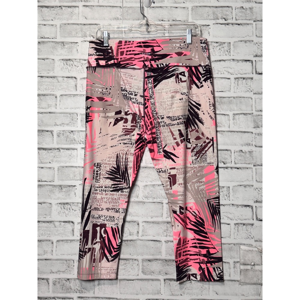 Calvin Klein Performance Womens XL Pink Graphic Palm Print Cropped Leggings WICK - Picture 2 of 7
